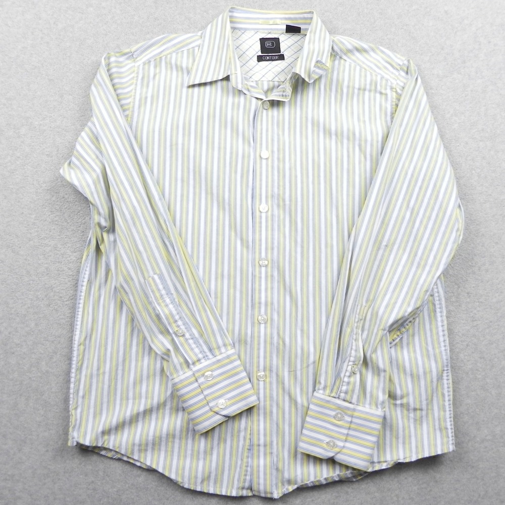 Barneys New York Contour Button Up Shirt Mens L Yellow Blue Striped Long Sleeve